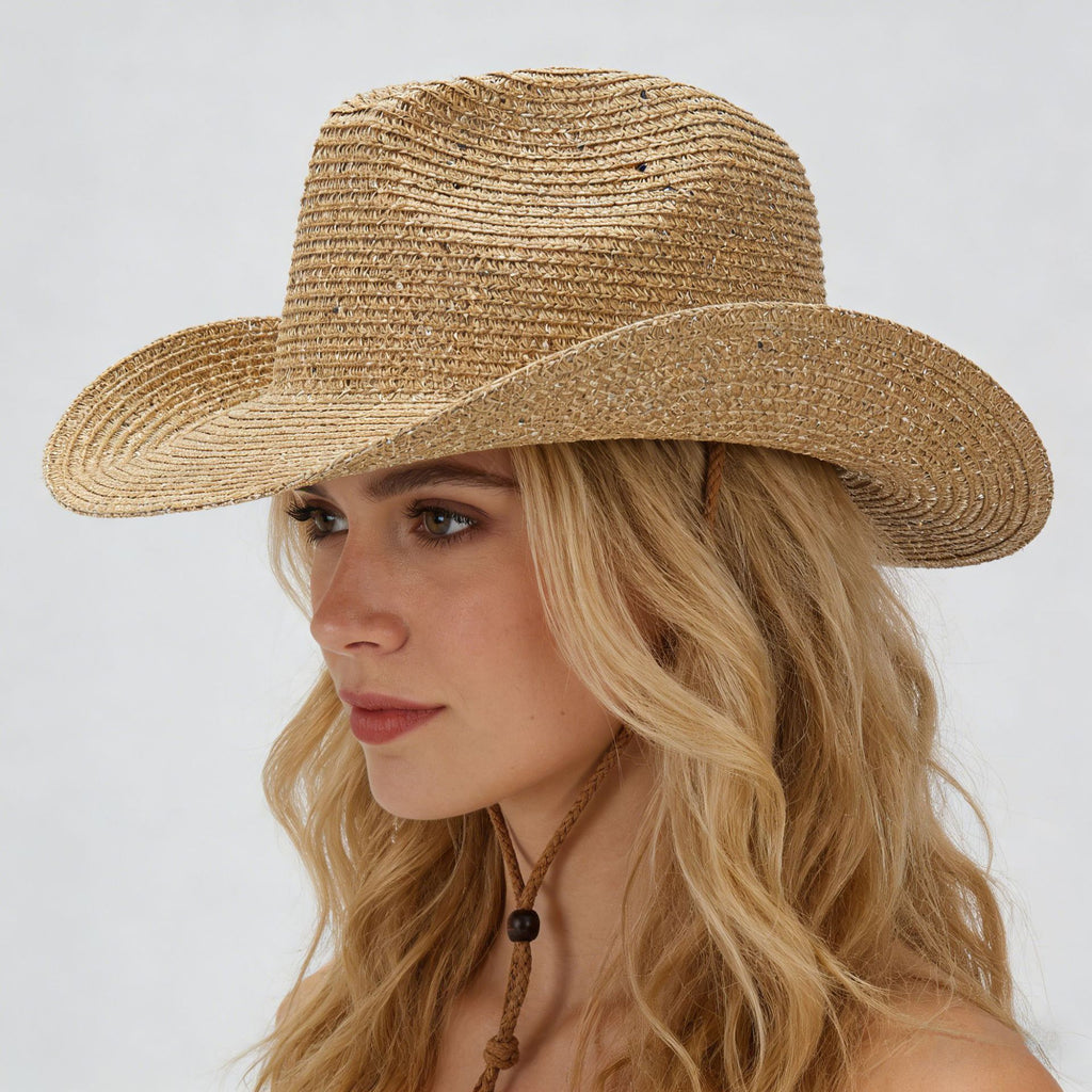 Women's Panama Straw Woven Sun Hat – Windproof Sequin Detail Beach Hat