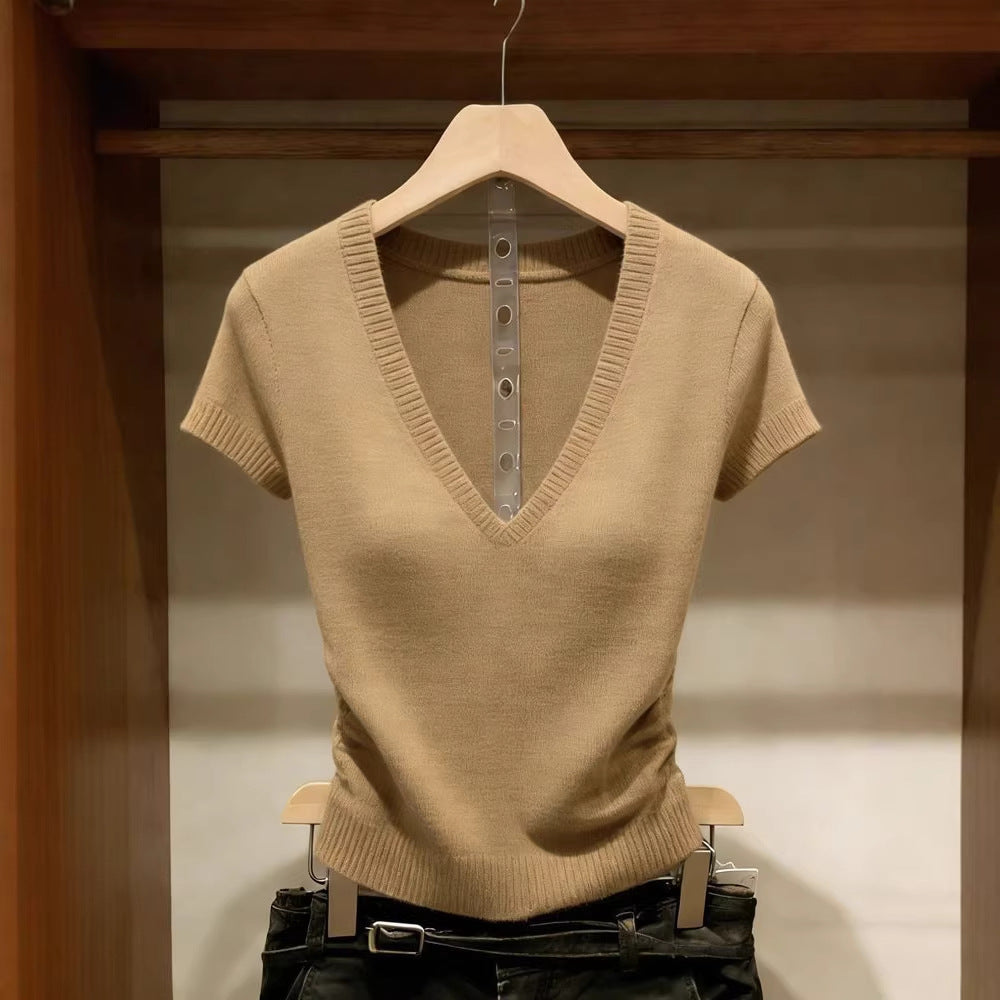 Solid Color Ice Silk Knit Top for Women – Slim-Fit Short Sleeve Elegant Commuter Top