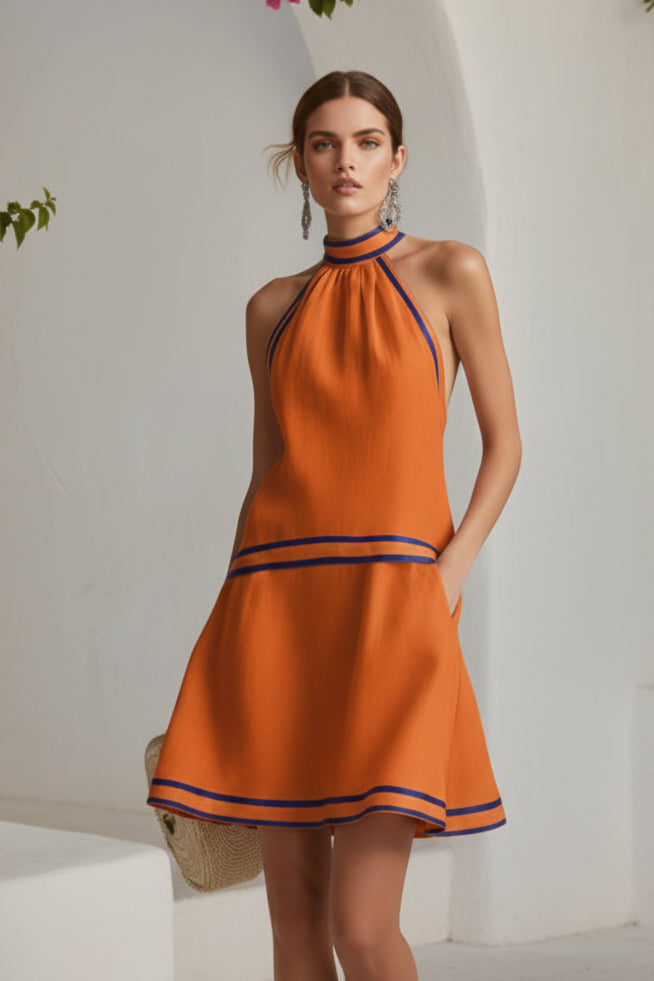 Women's Striped Trim Choker Neck Sleeveless Mini Dress
