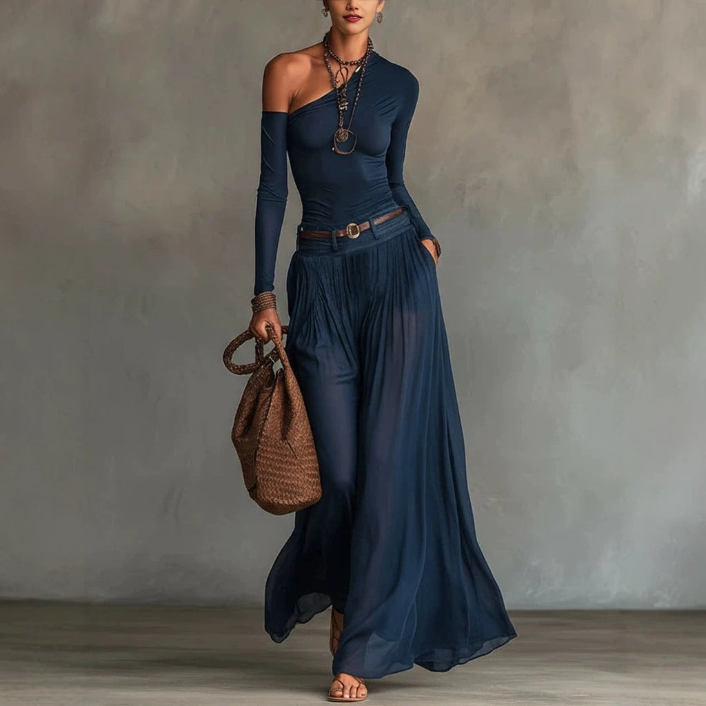 Asymmetrical Shoulder Long Sleeve Dress Set – Belted A-Line Maxi Dress
