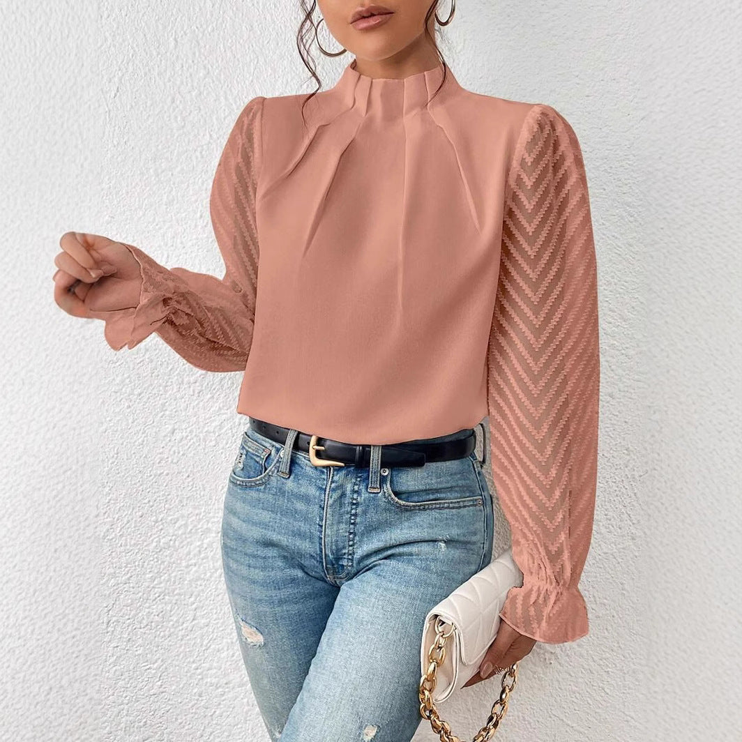 Women's Mock Neck Chiffon Blouse – Wave Pattern Sheer Long Sleeve with Ruffle Cuffs