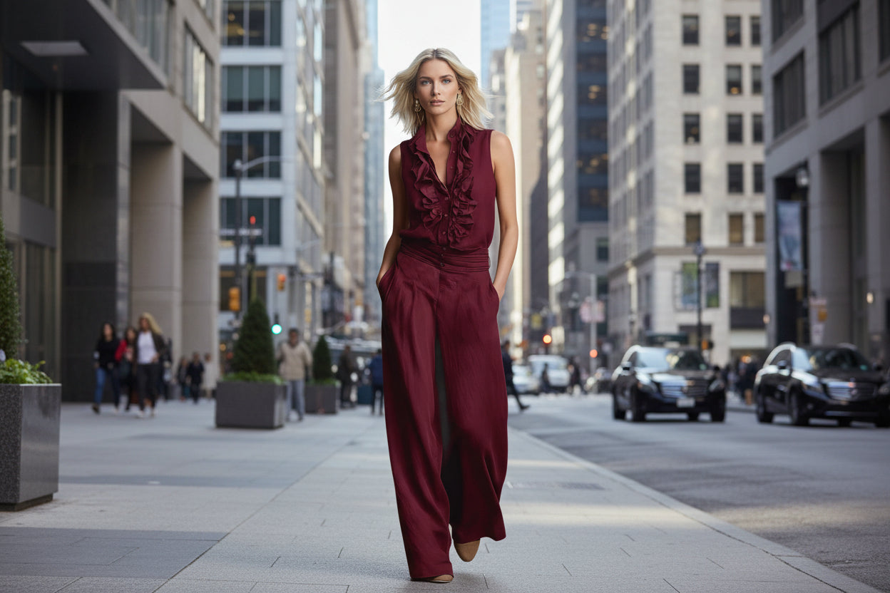 Women’s Linen Blend Two-Piece Set – Sleeveless Shirt & Wide-Leg Pants