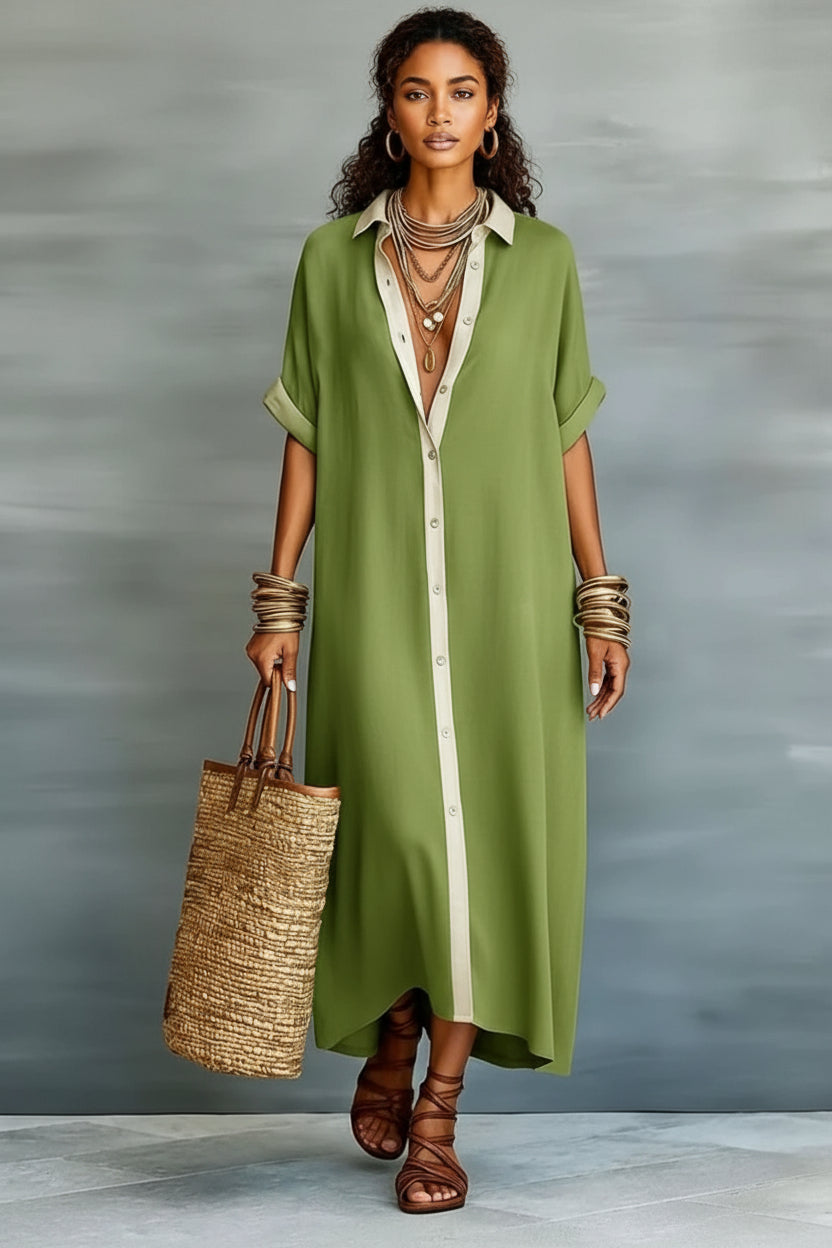 Color-Block Shirt Maxi Dress – Women's Loose Button-Front Long Dress with Contrast Collar