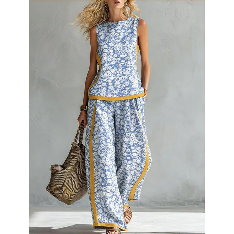Printed Retro Sleeveless Top & Wide-Leg Pants Set | 12 Prints S–5XL