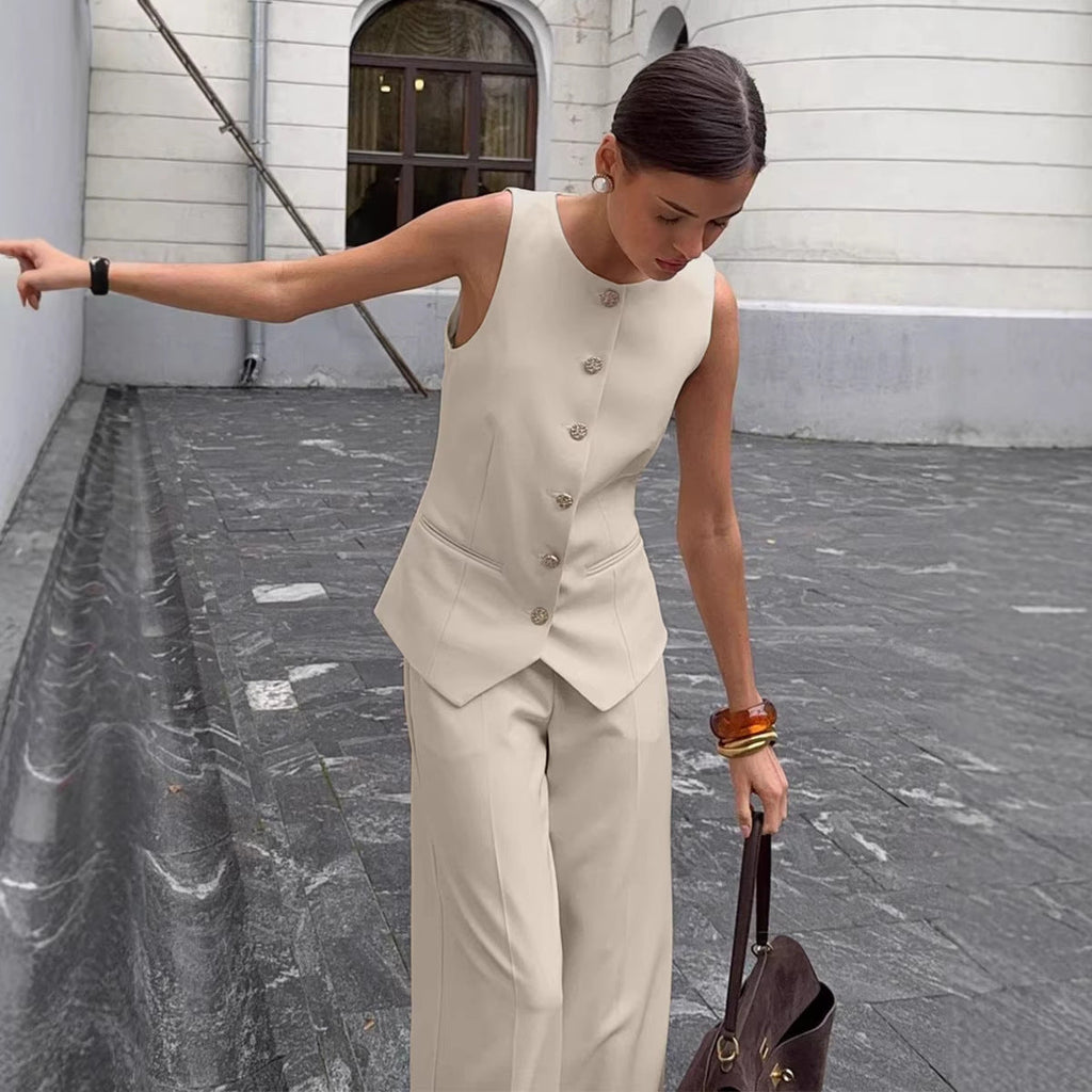 Women's Elegant Sleeveless Vest & Wide-Leg Pants Set – Office 2-Piece