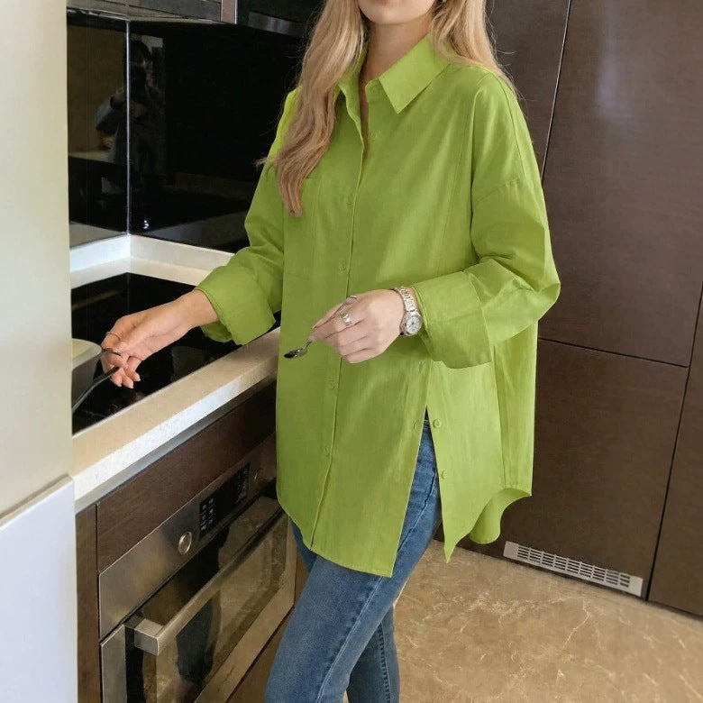 Women's Solid Color Drop Shoulder Button Side Slit Shirt