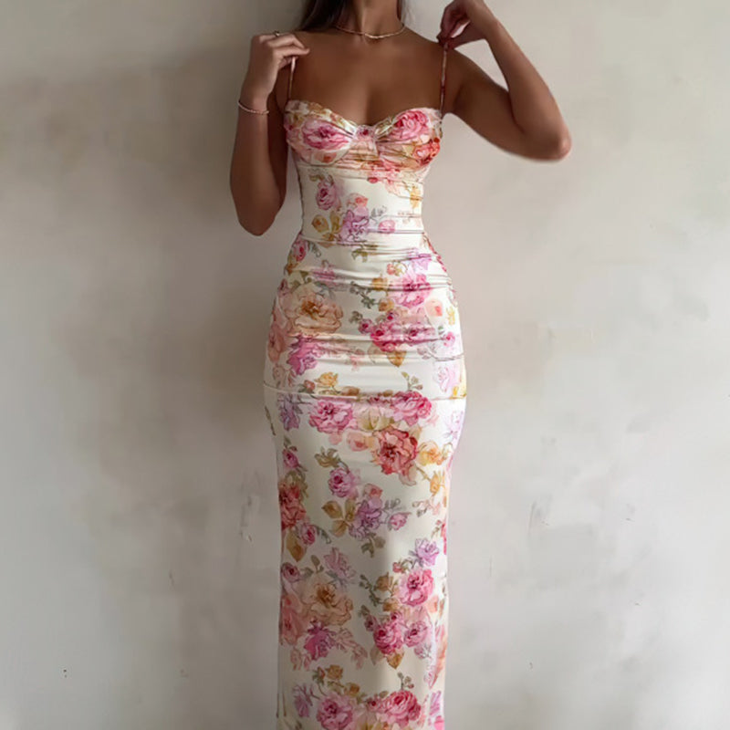 Women’s Floral Bodycon Maxi Dress – Sexy Spaghetti Strap Vacation & Summer Dress
