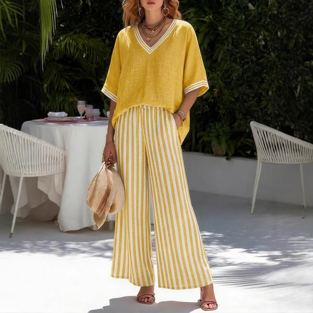 Women's Striped Tunic Top & Casual Trousers Two-Piece Set