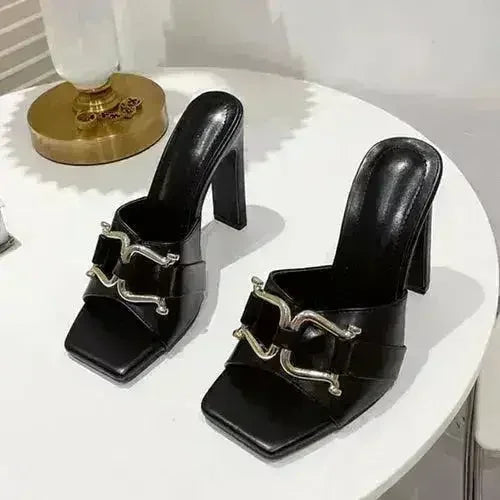 Zapatos de tacón alto de mujer de verano con punta cuadrada y tacón plano cuadrado con meta