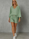 Women's Loose V-Neck Long Sleeve Striped Shorts Set – Casual Leisure