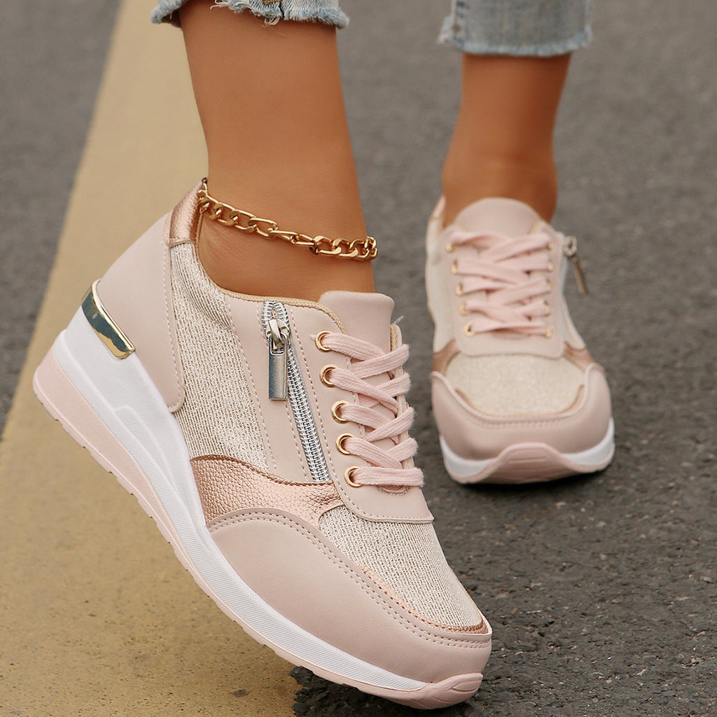 Metallic Lace-Up Side Zipper Thick-Sole Sneakers – 3 Colors EU 37–44