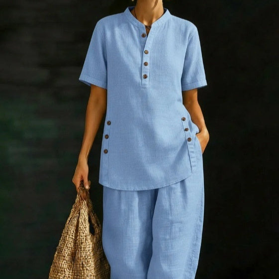 Three-Quarter Sleeve Shirt & Wide-Leg Pants Two-Piece Set – Solid Color Casual
