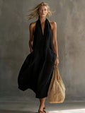 Women's Retro V-Neck Slip Dress – Loose Fit Sleeveless