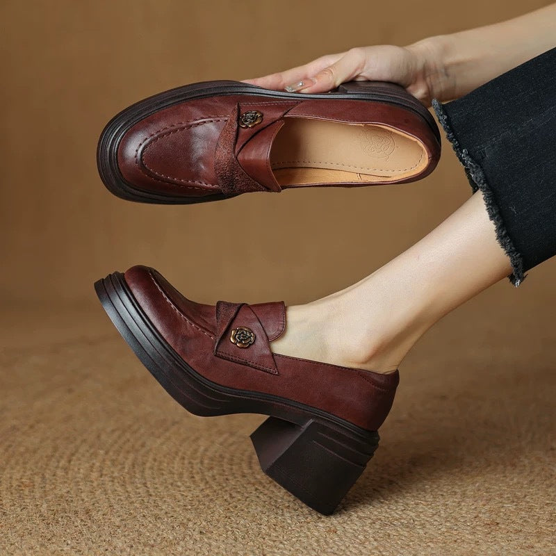 Women’s Vintage Chunky Heel Leather Shoes – Retro Style