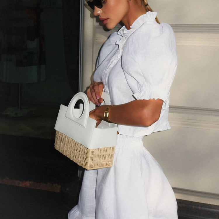 Women's Ruffled Linen-Blend Cropped Blouse & Shorts Set