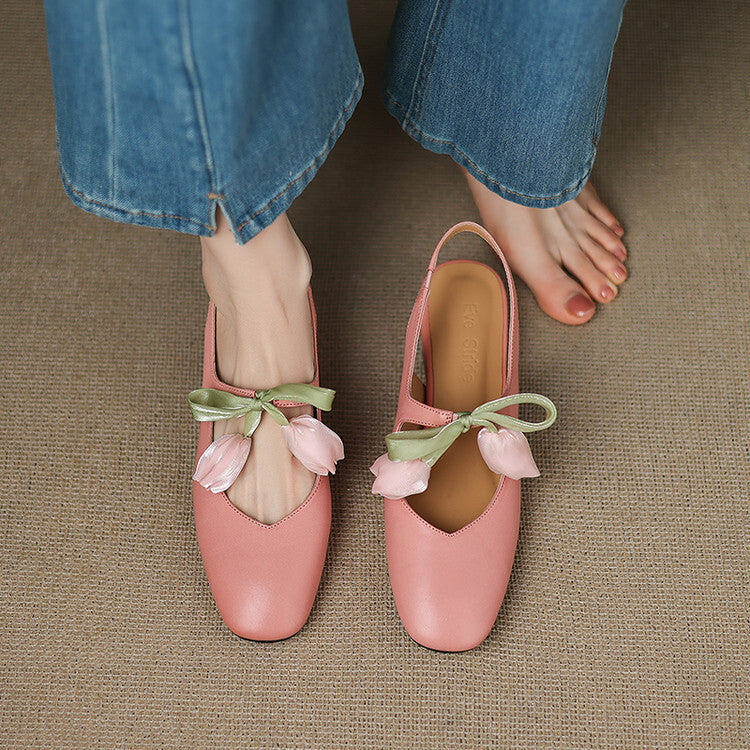 Women's French Style Leather Headband Sandals – Mid-Heel Round Toe