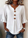 Women's Cotton Linen V-Neck Button-Up Blouse — Summer Casual Top