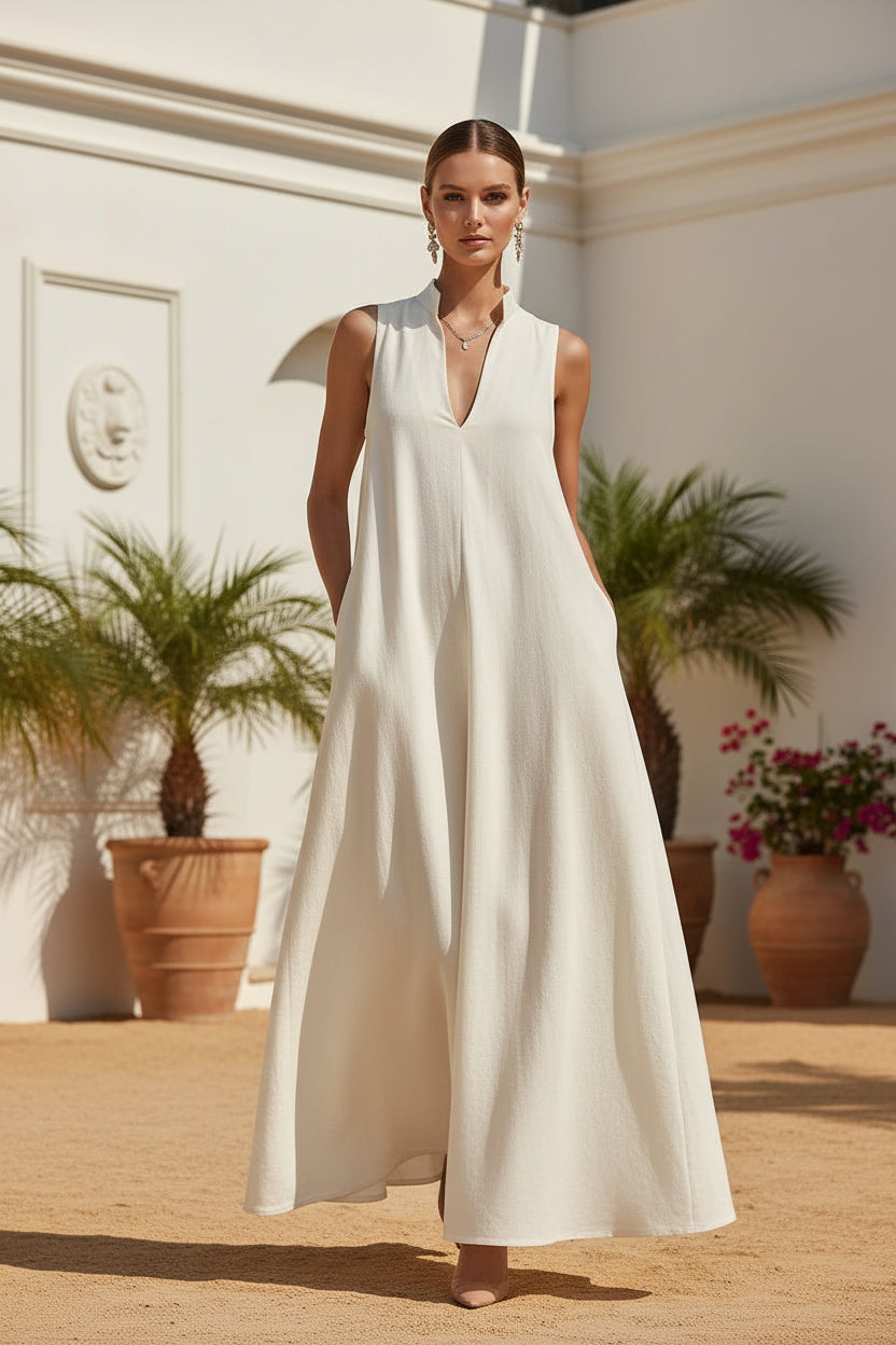 Linen Blend Sleeveless Stand-Collar Maxi Dress – 5 Colors S–3XL