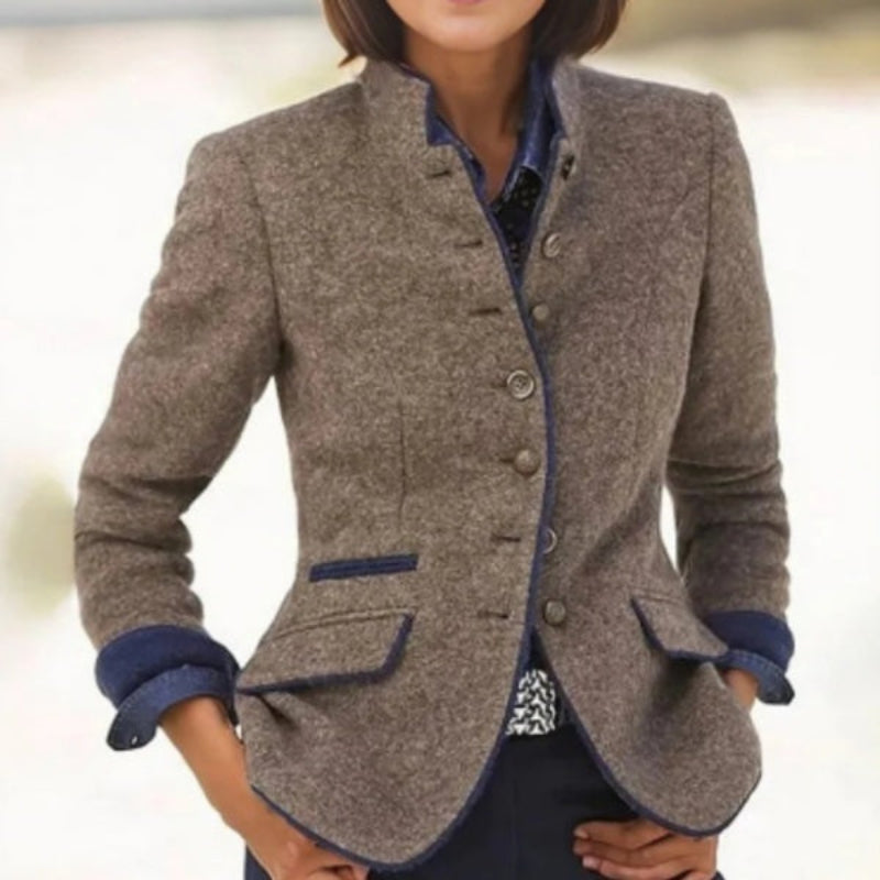 Women’s Color-Block Woolen Jacket – Multi-Button Casual Elegant Coat
