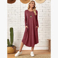 Women's Cotton Maxi Dress – Solid Color Long Sleeve A-Line with Pockets