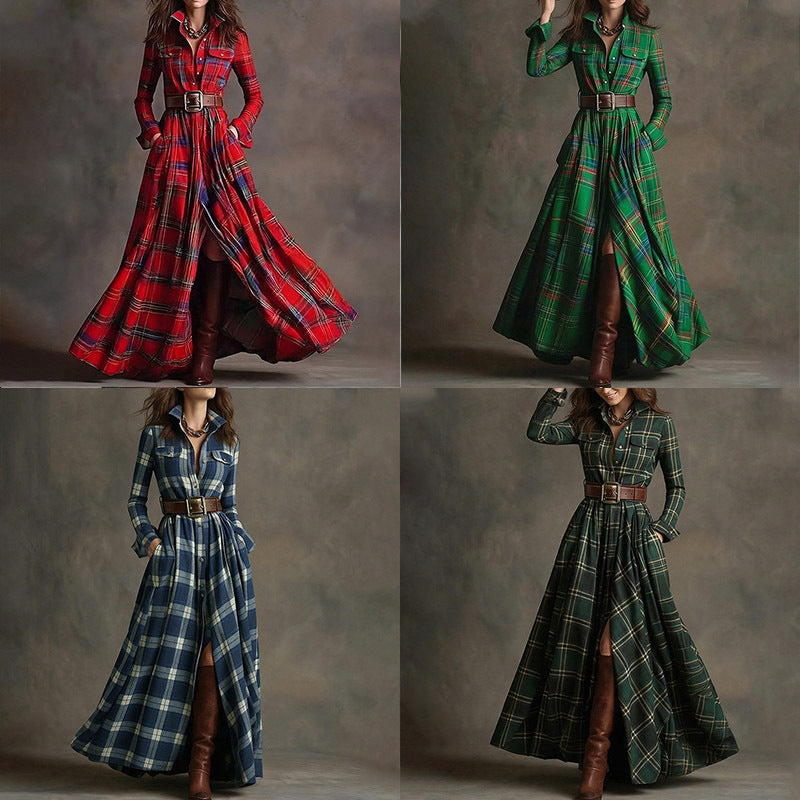 Women's Printed Lapel Slim-Fit Dress – Elegant Commuter Style