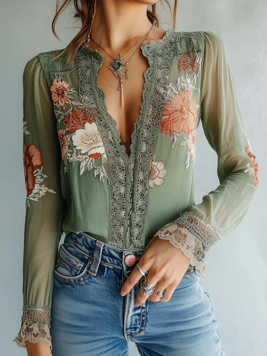 Women’s V-Neck Floral Print Blouse