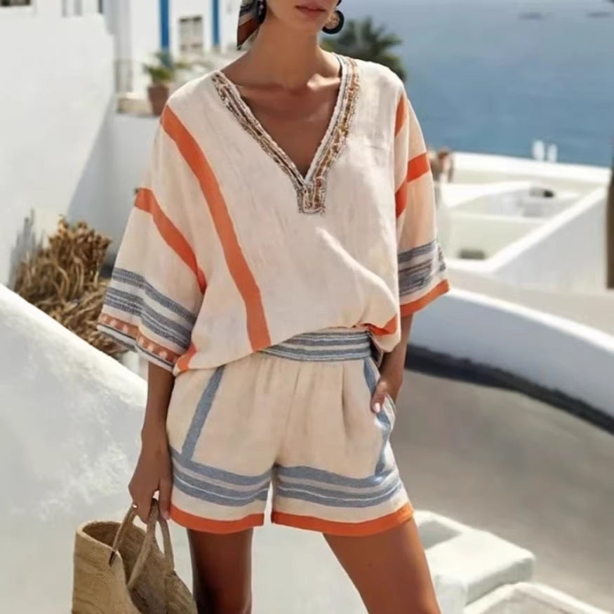 Women's V Neck Top and Shorts Set