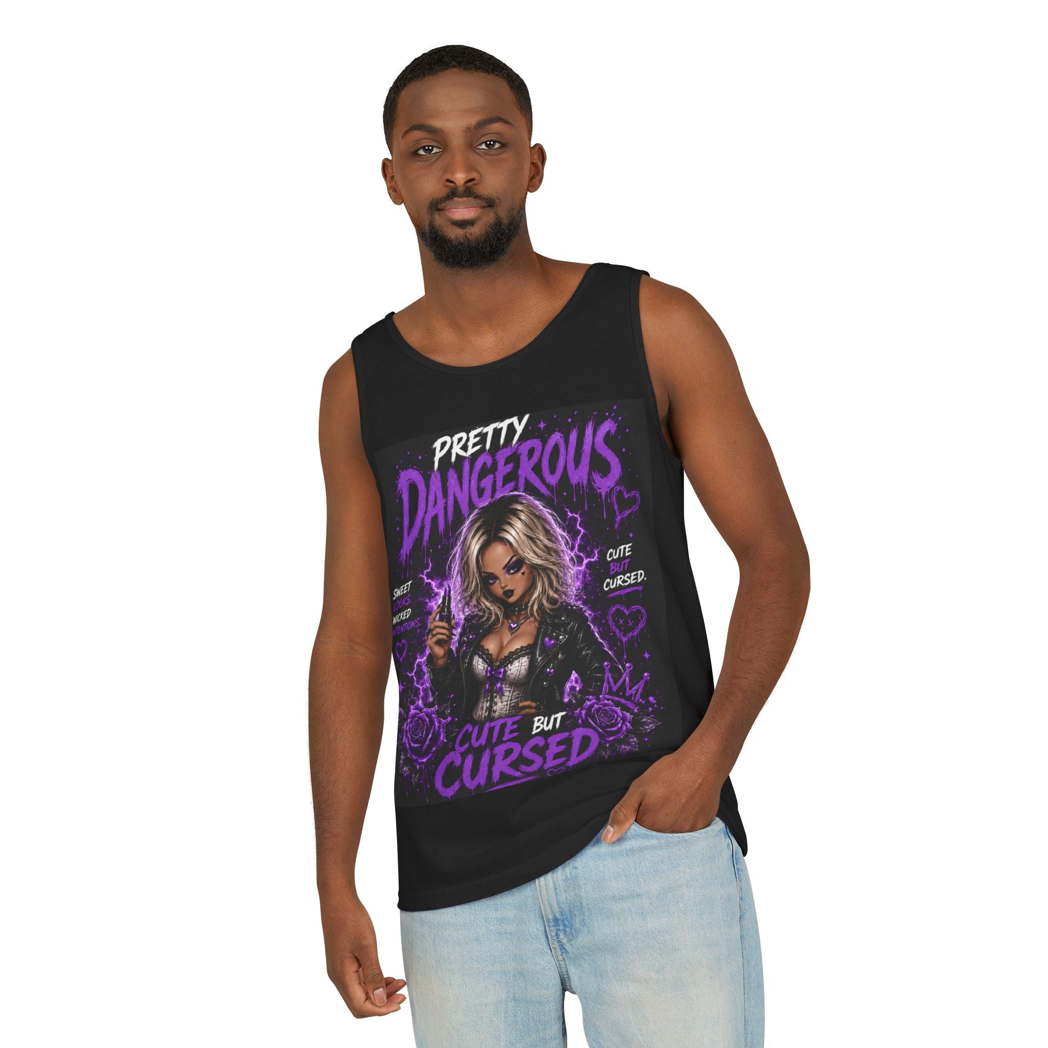 Camiseta sin mangas estampada — Ilustración gótica "Bastante peligrosa / Linda pero maldita"