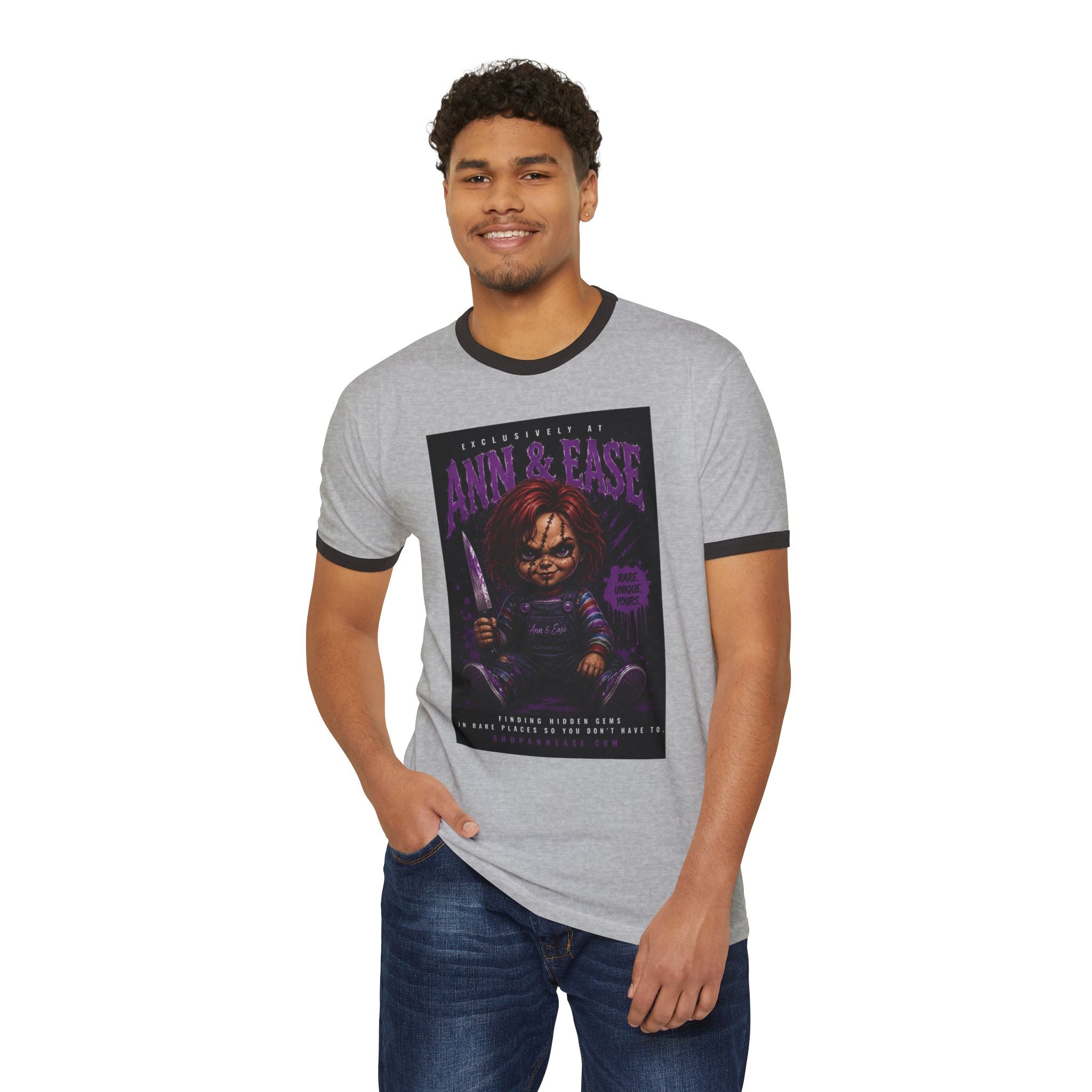 Horror Movie T-Shirt — "Ann & Ease" Chucky-Inspired Graphic Ringer Tee