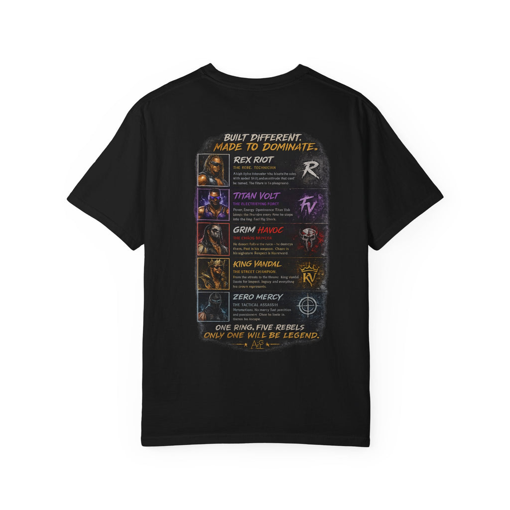 T-Shirt — Ring Rebels Graphic Tee (Rex Riot, Titan Bolt, Grim Havoc, King Vandal, Zero Mercy)