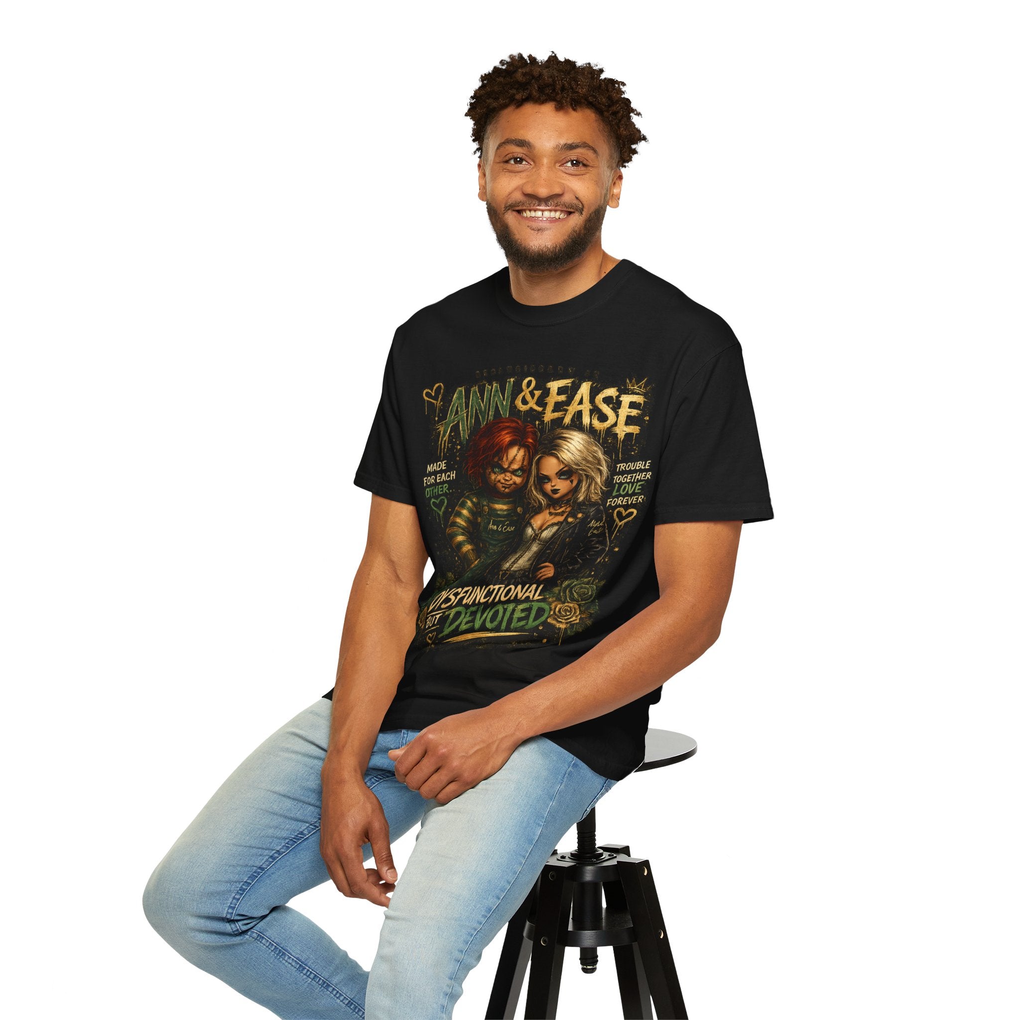 T-Shirt — "Ann & Ease: Dysfunctional But Devoted" Horror Couple Graphic Tee