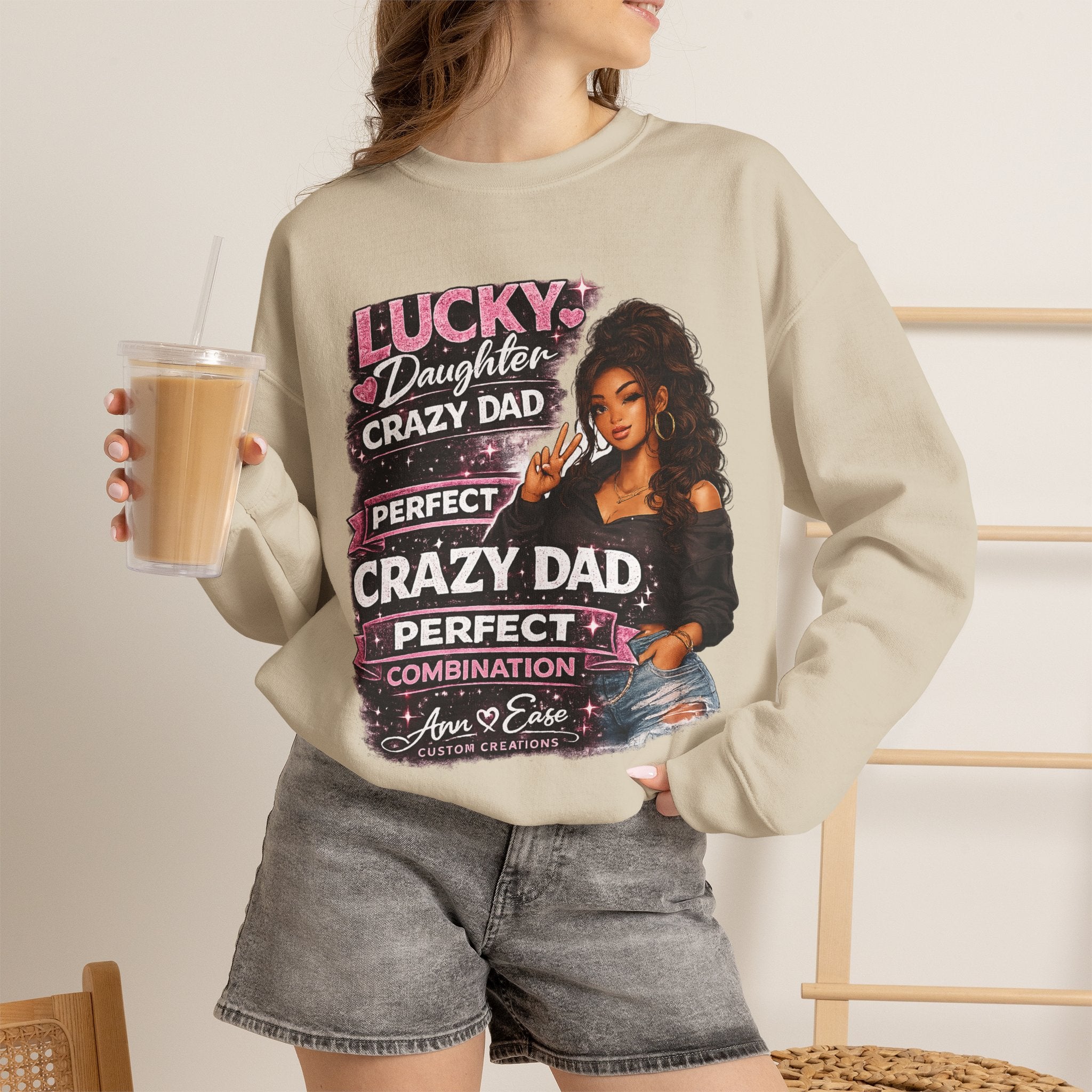 Crewneck Sweatshirt — "Lucky Daughter, Crazy Dad" Pink Graphic Father-Daughter Pullover