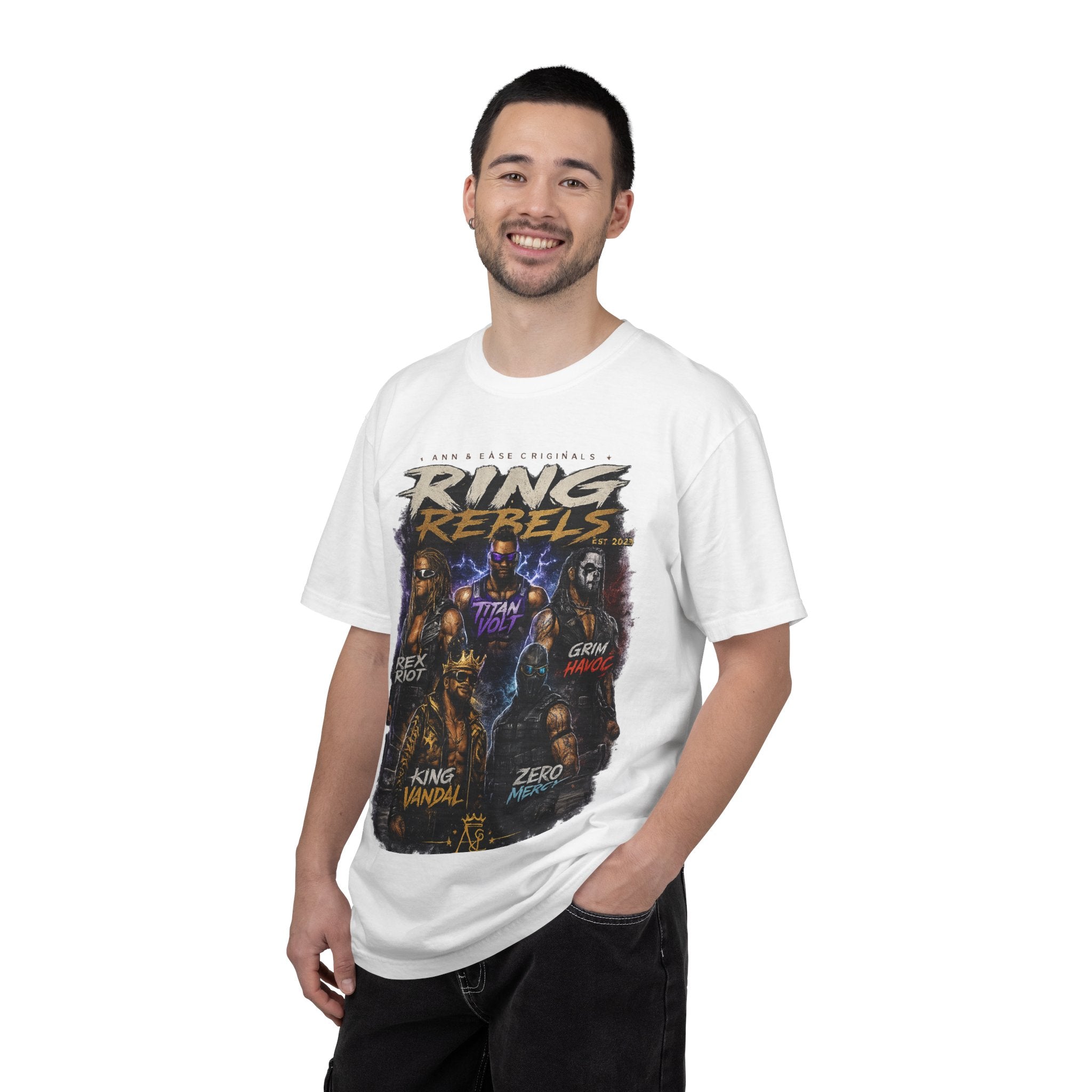 T-Shirt — Ring Rebels Graphic Tee (Rex Riot, Titan Bolt, Grim Havoc, King Vandal, Zero Mercy)