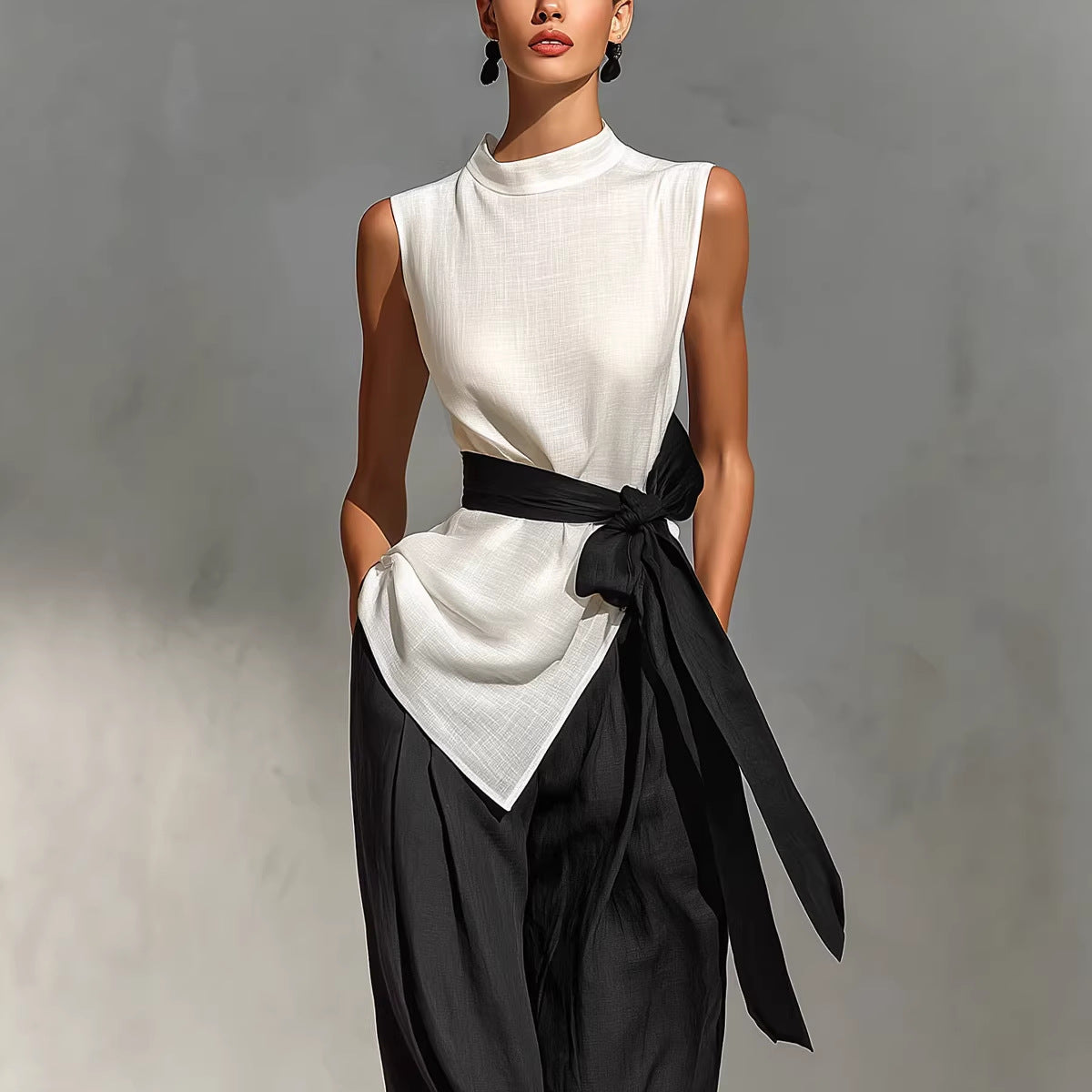 Women's Lace-Up Sleeveless Top & Wide-Leg Pants Two-Piece Set – White