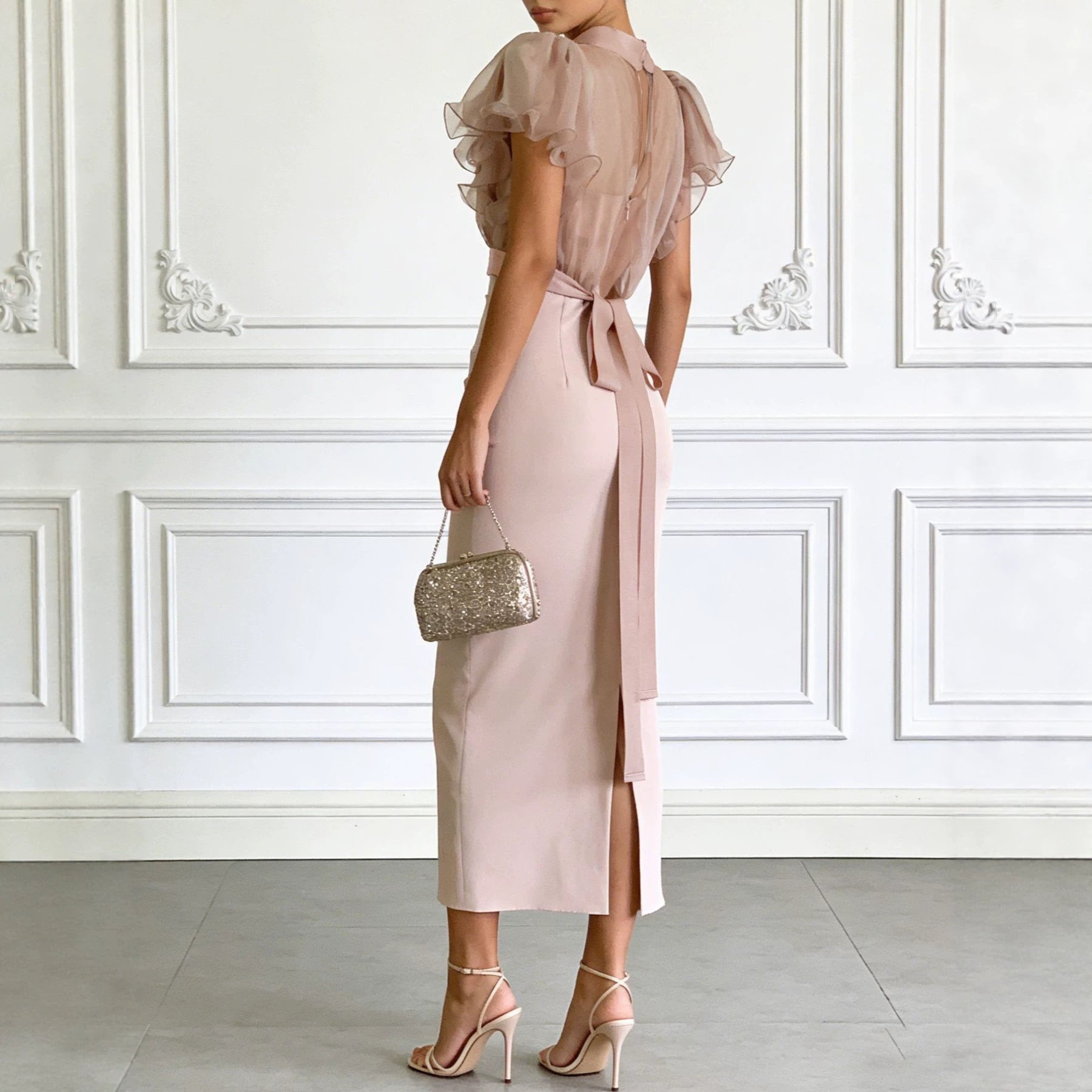 Pink Mesh Lace-Up Waist Two-Piece Dress Set – Elegant Long Skirt & Top