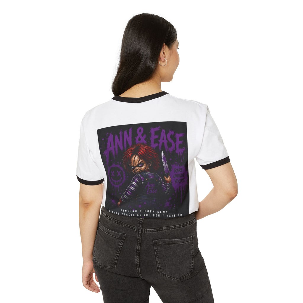 Horror Movie T-Shirt — "Ann & Ease" Chucky-Inspired Graphic Ringer Tee