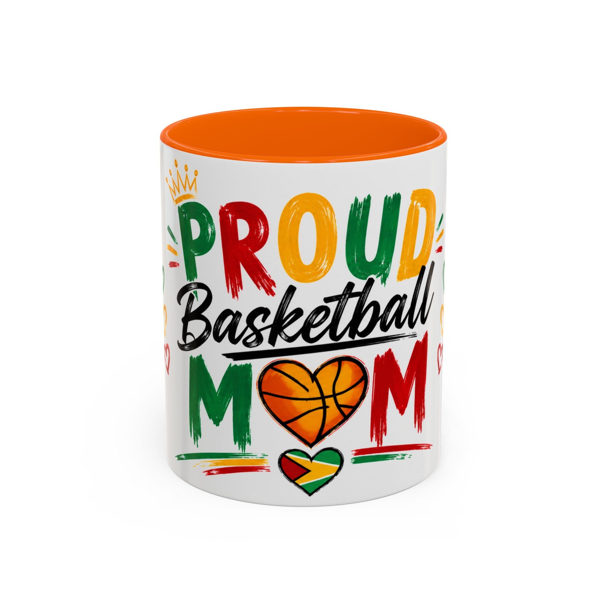 Taza de café para mamá orgullosa del baloncesto – Diseño colorido de corazón y baloncesto (11/15oz)