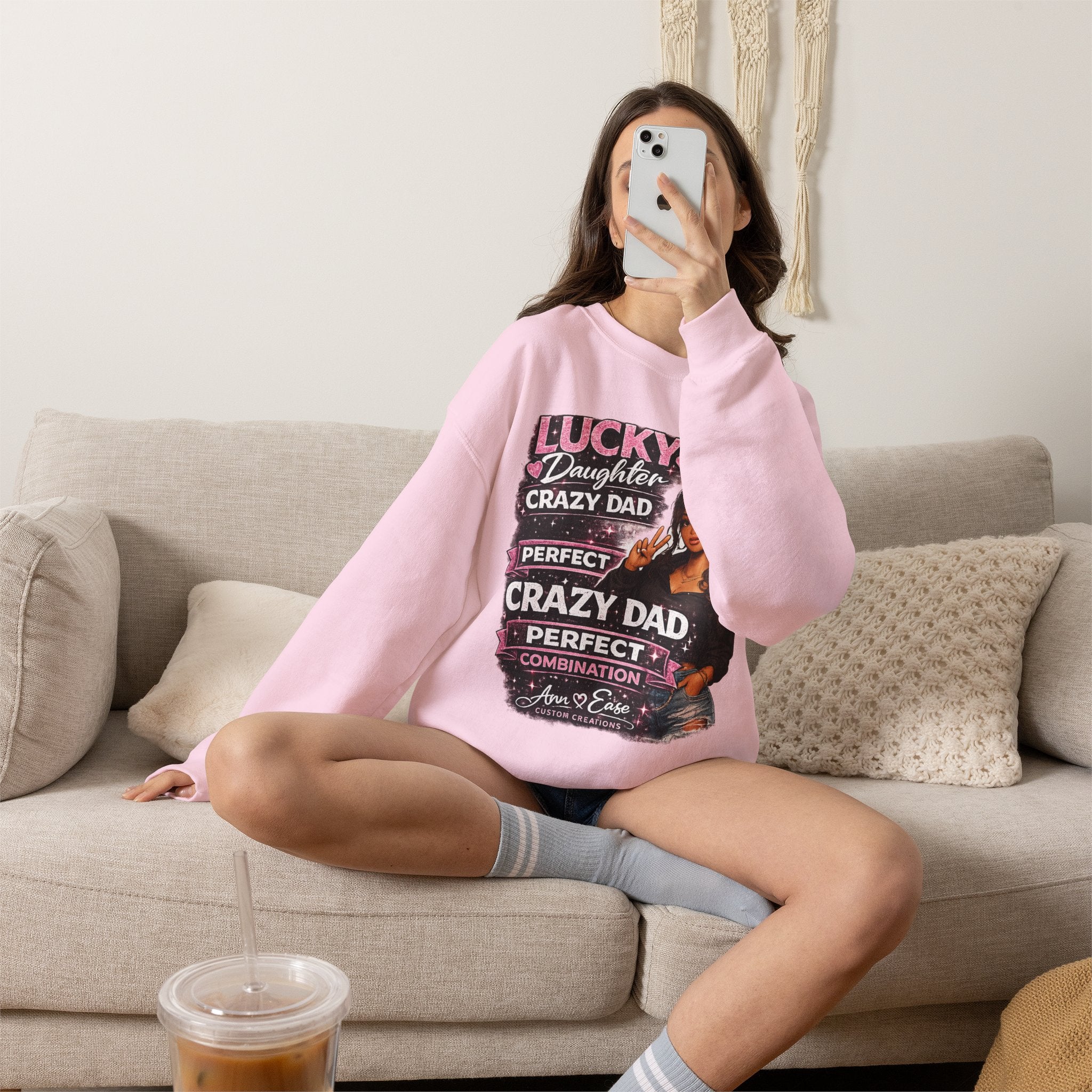 Crewneck Sweatshirt — "Lucky Daughter, Crazy Dad" Pink Graphic Father-Daughter Pullover