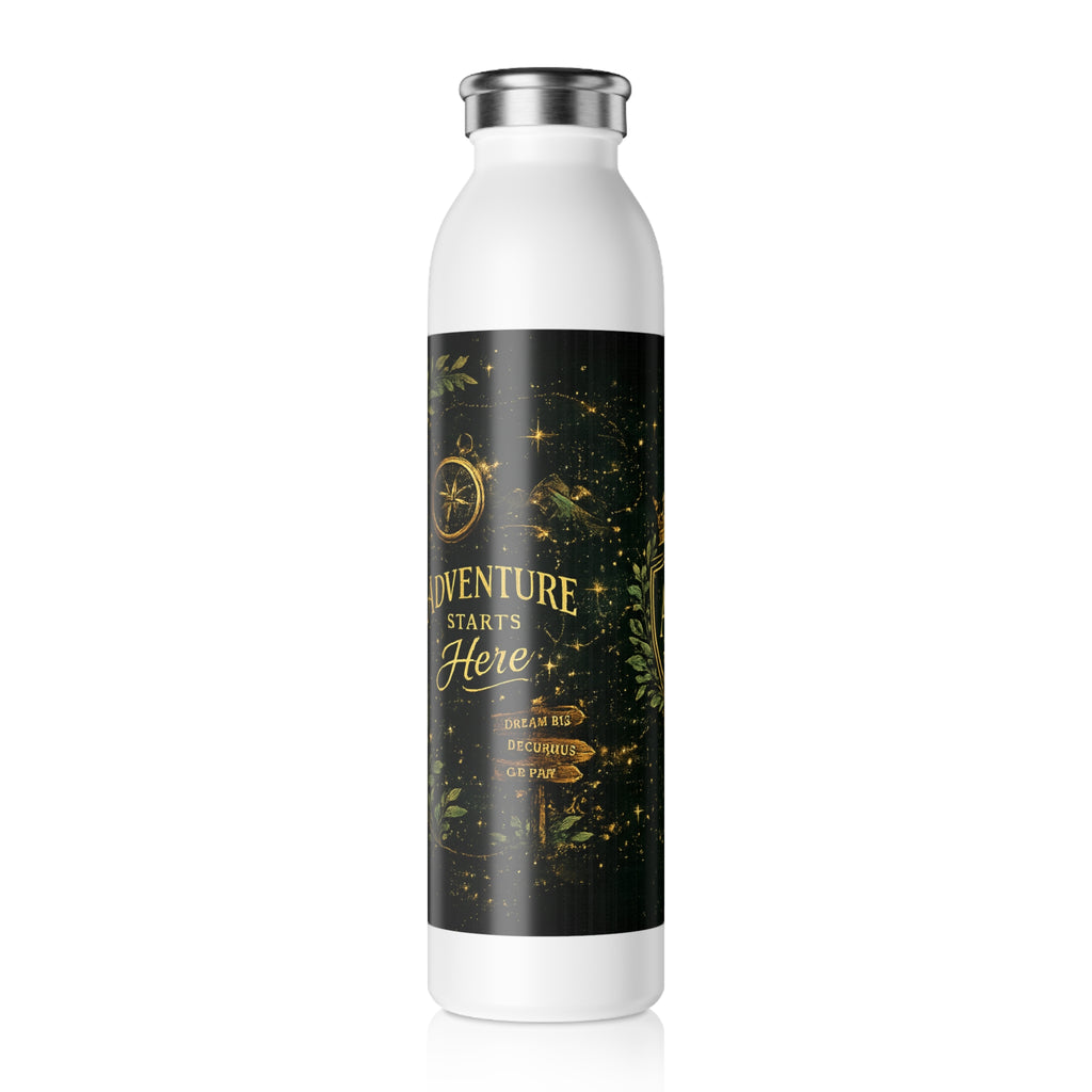 Slim Water Bottle - Elegant Gold Crest 'A&E' Adventure Starts Here Stainless Steel Bottle