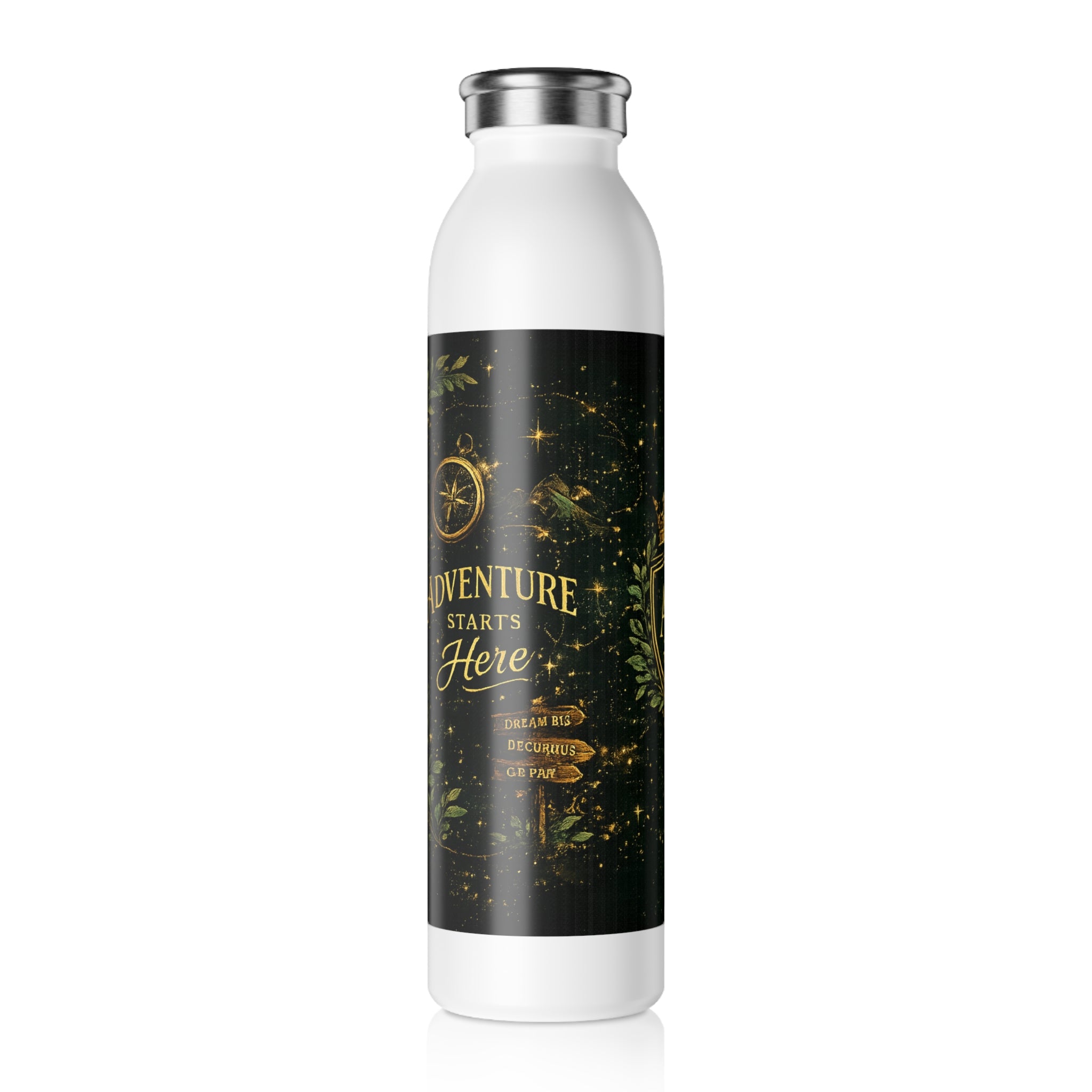 Slim Water Bottle - Elegant Gold Crest 'A&E' Adventure Starts Here Stainless Steel Bottle