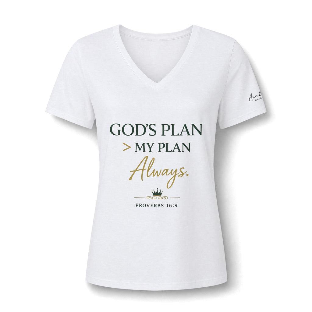 Women's V-Neck Tee — "God's Plan > My Plan Always" Faith Graphic
