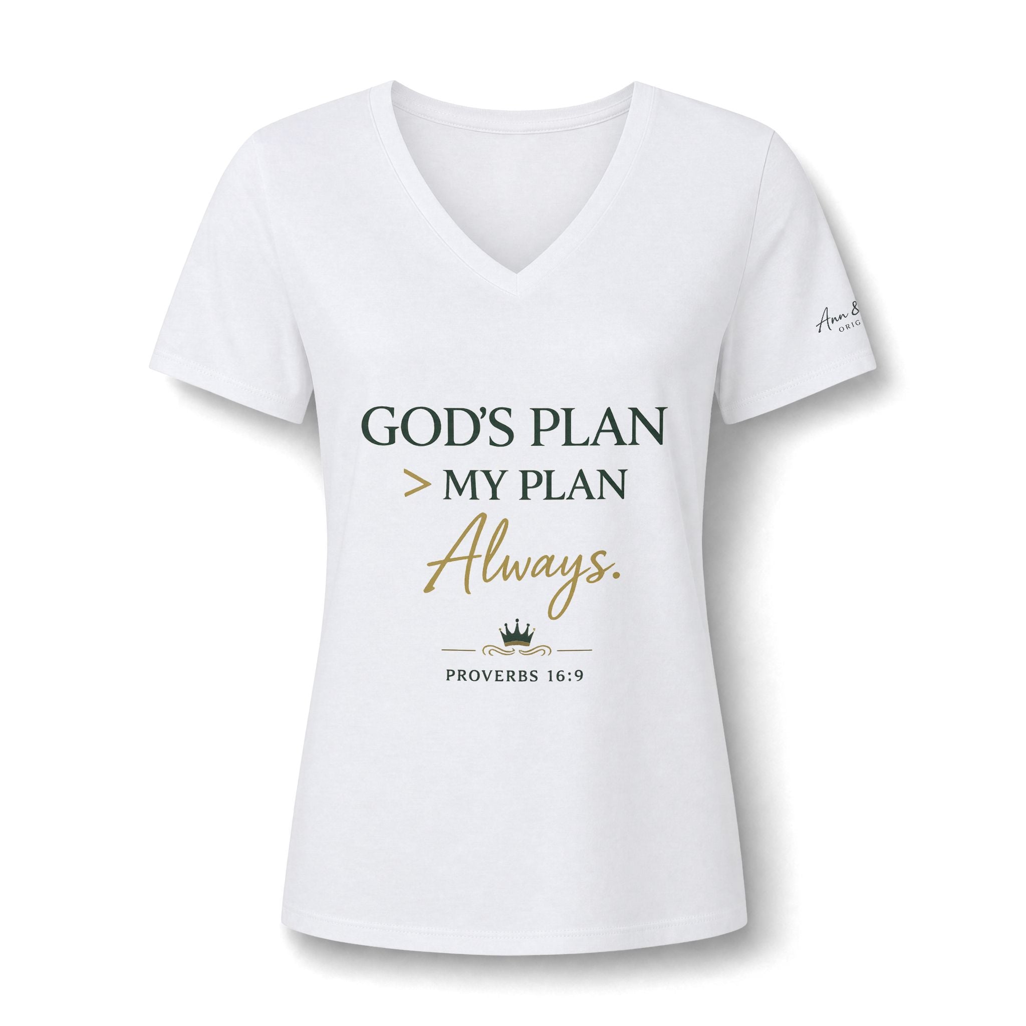Women's V-Neck Tee — "God's Plan > My Plan Always" Faith Graphic