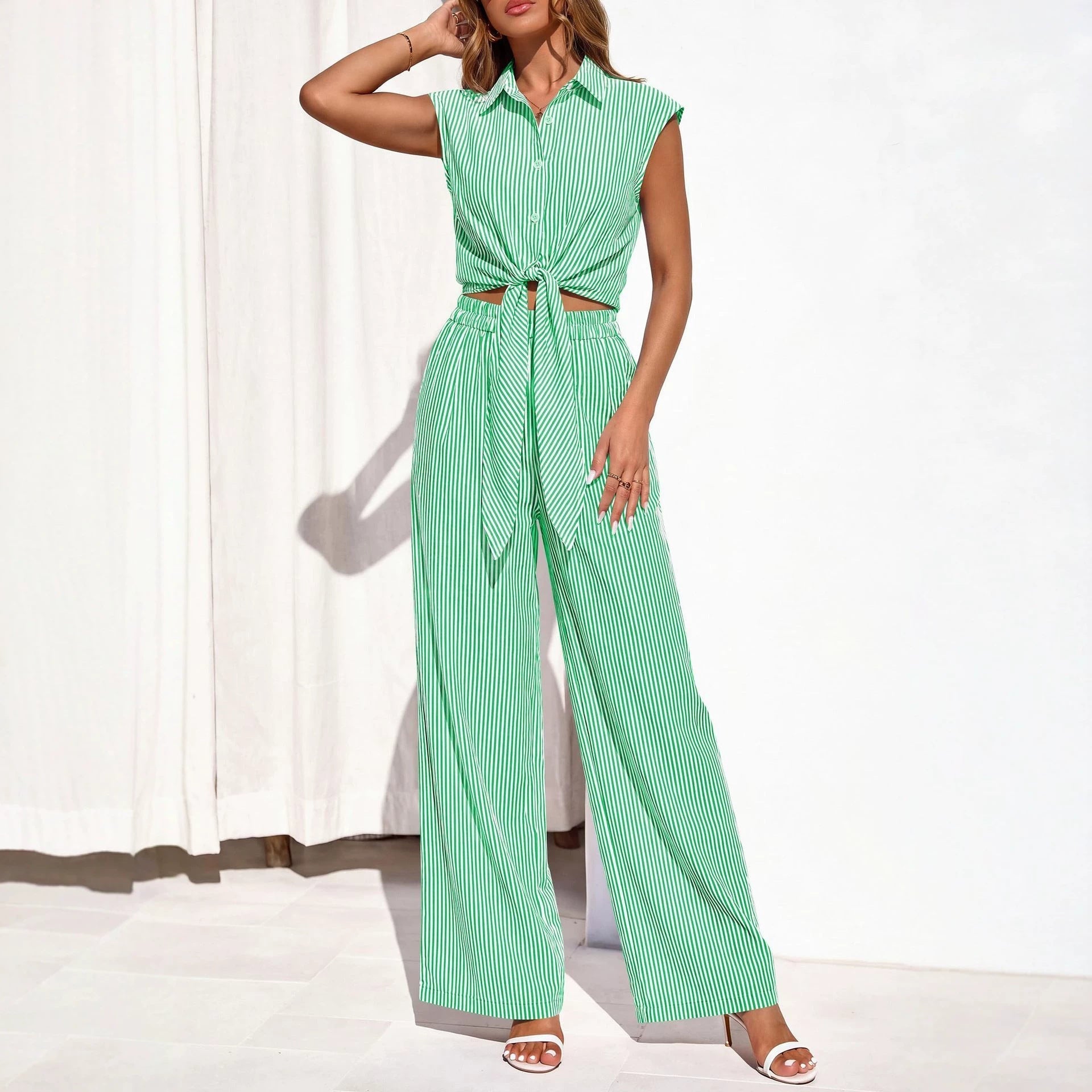 Women's Striped Button-Front Sleeveless Shirt & Wide-Leg Pants Set
