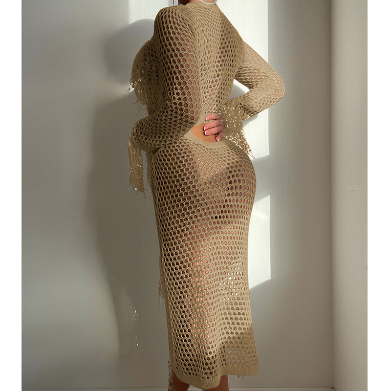 Hueca Recortada Tejida con Lentejuelas y Borlas, Cuello Redondo, Top Corto, Manga Larga, Vestido de Vacaciones, Blusa de Traje de Baño, Ropa de Protección Solar, Vestido, Ganchillo