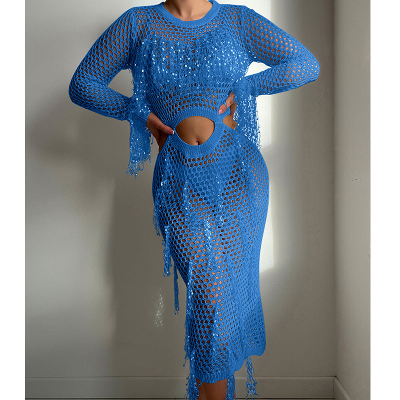 Hueca Recortada Tejida con Lentejuelas y Borlas, Cuello Redondo, Top Corto, Manga Larga, Vestido de Vacaciones, Blusa de Traje de Baño, Ropa de Protección Solar, Vestido, Ganchillo