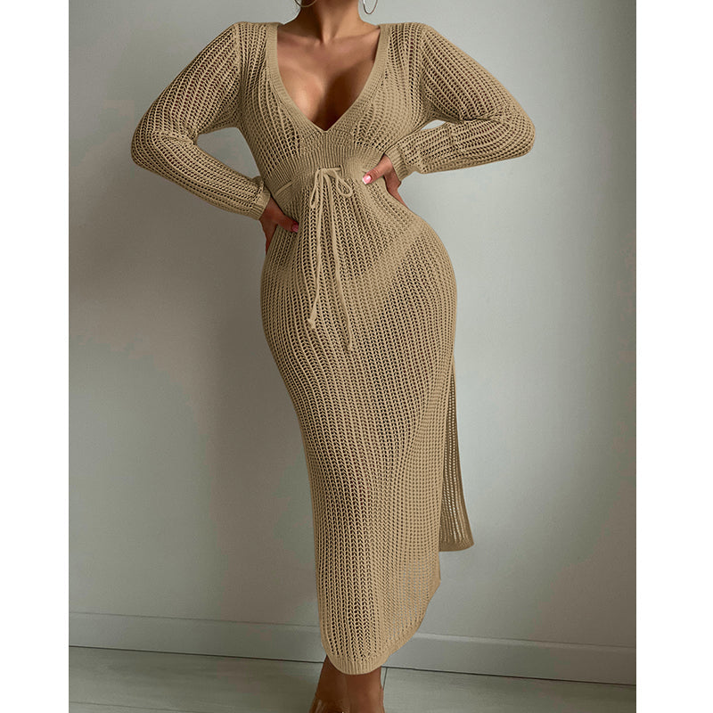 Vestido de vacaciones con aberturas sexy, tejido calado, escote pronunciado en V, cordones en la cintura, manga larga, falda con abertura, blusa de traje de baño, ganchillo
