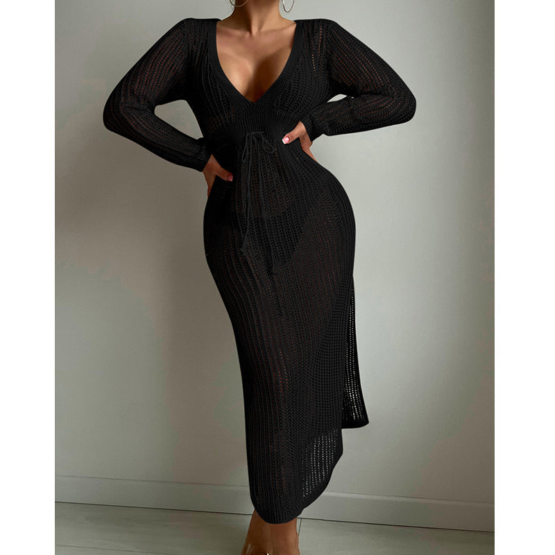 Vestido de vacaciones con aberturas sexy, tejido calado, escote pronunciado en V, cordones en la cintura, manga larga, falda con abertura, blusa de traje de baño, ganchillo