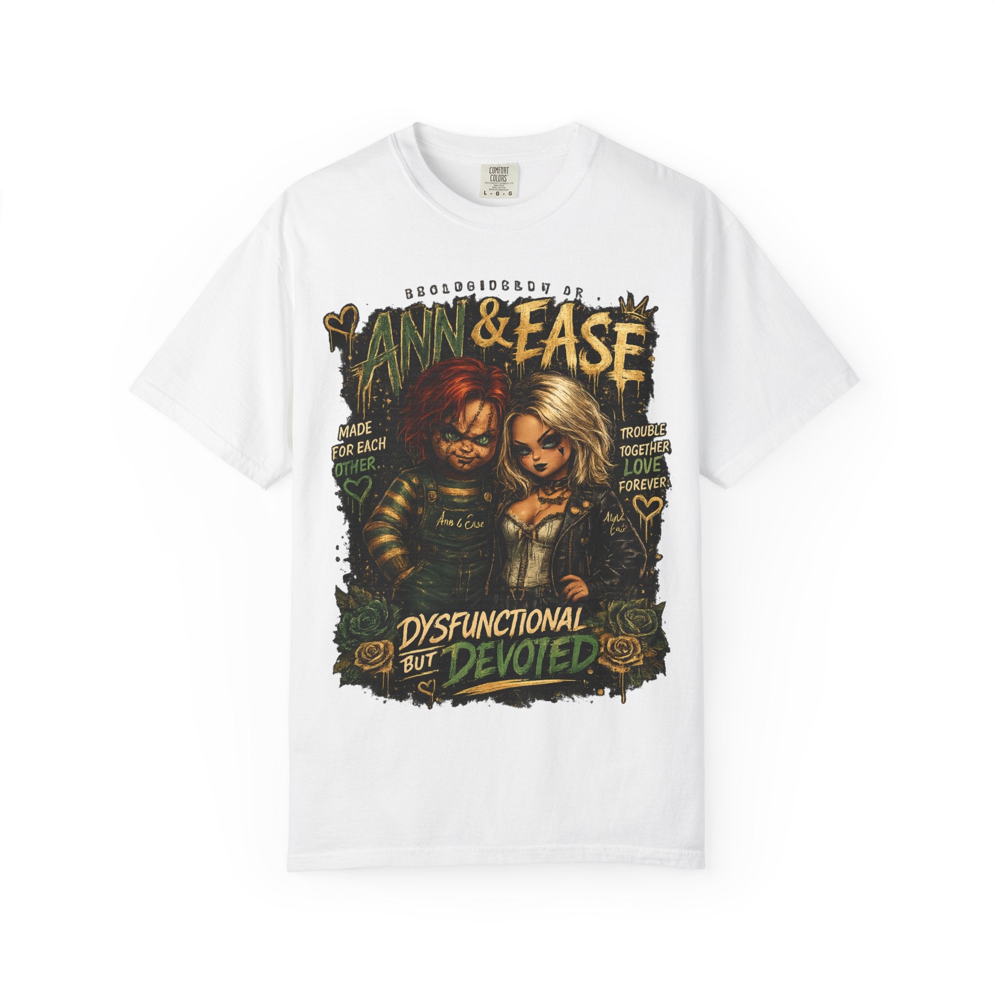 Camiseta — "Ann & Ease: Disfuncionales Pero Devotos" Camiseta Gráfica de Pareja de Terror