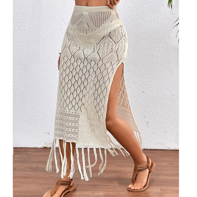 Falda de textura sexy con abertura alta y borlas, sobrefalda de bikini para vacaciones en la playa, ganchillo