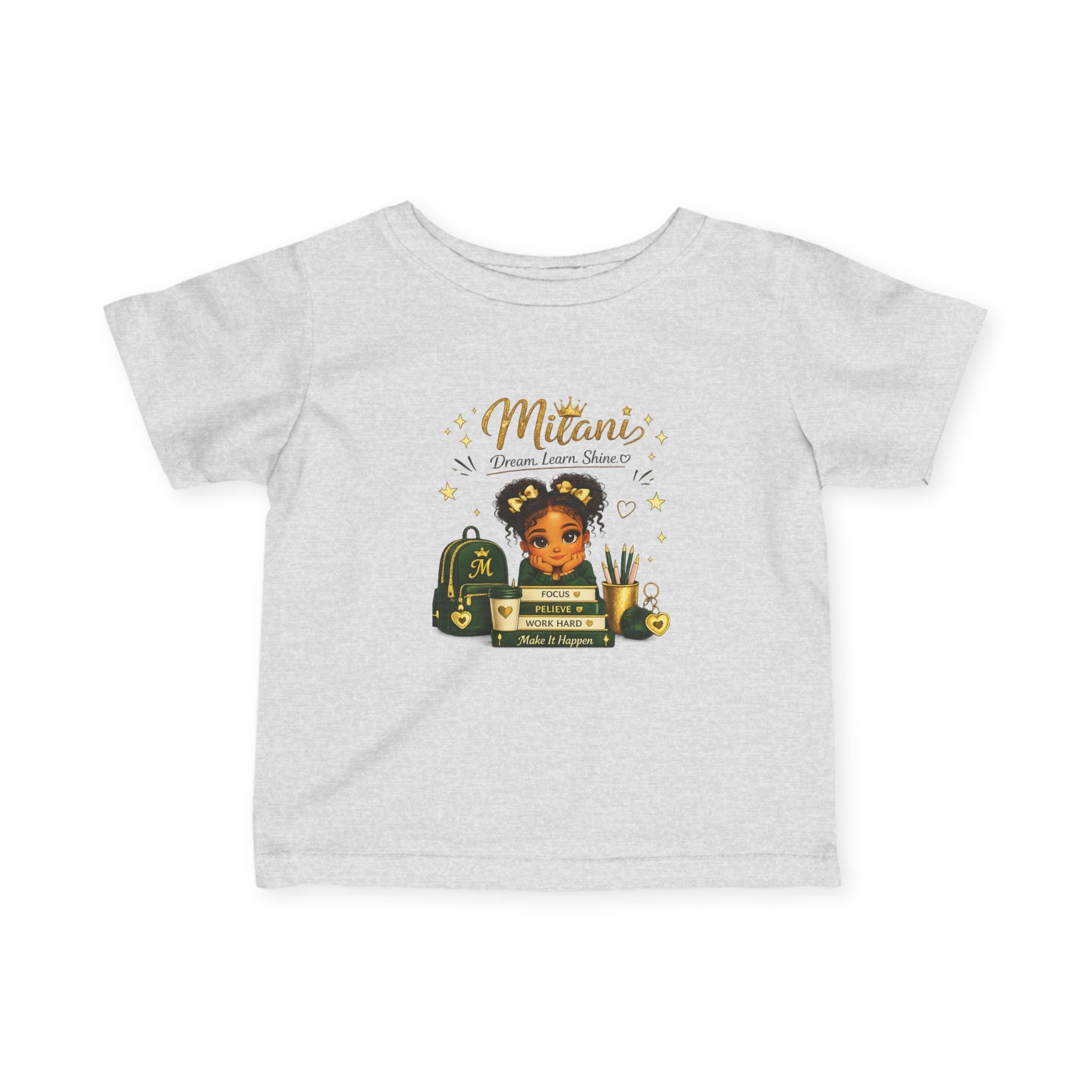 Infant Tee — "Little Girl with Big Dreams" Gold & Black Back-to-School Design